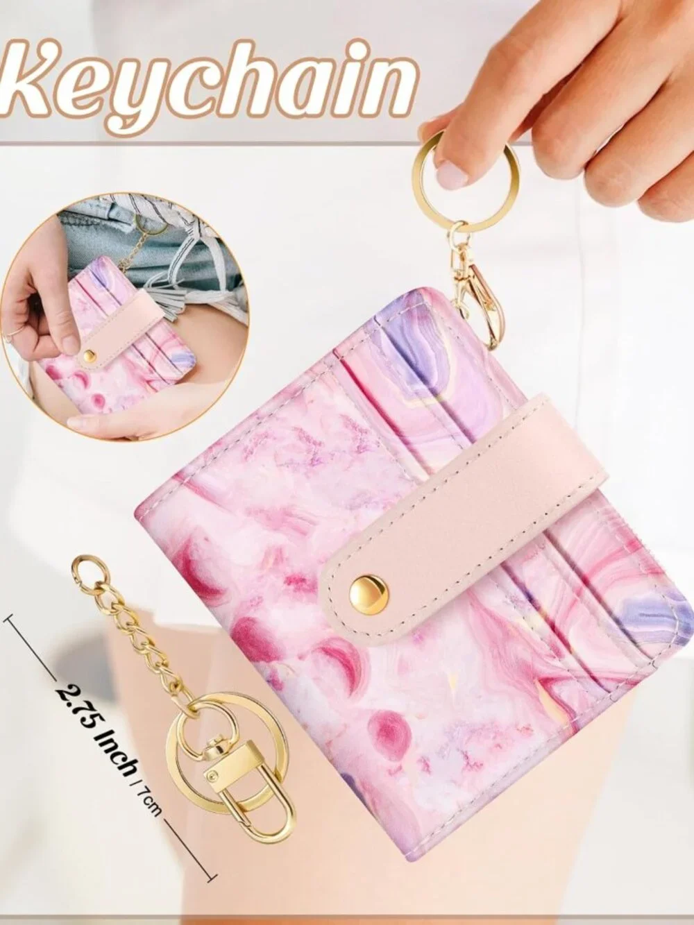 Chic Pink Agate Small Card Wallet with Keychain for Women - Stylish & Functional